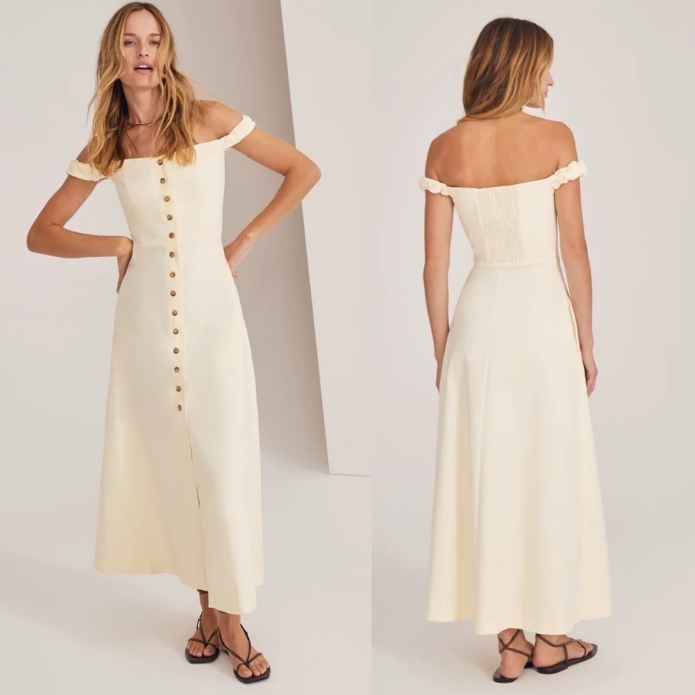 Favorite Daughter Midi 8 The Lovesick Dress Pale Yellow A line Off Shoulder